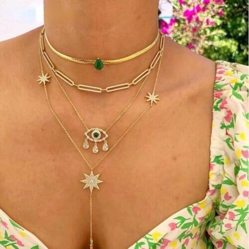 High quality green tear drop cz paved flat snake chain choker necklace with gold plated fashion women party wedding jewelry gift