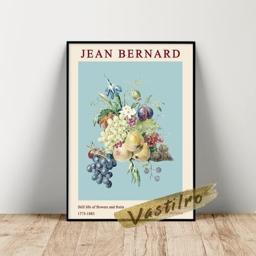 Jean Bernard Museum Exhibition Poster, Bernard Flowers Fruits Still Life Blue Background Oil Painting, Vintage Plant Wall Decor