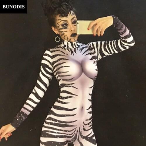 ZD051 Sexy Zebra Sparkling Crystals Stones Jumpsuit Nightclub Party Celebrate Singer DJ DS Performance Stage Wear Women Bodysuit