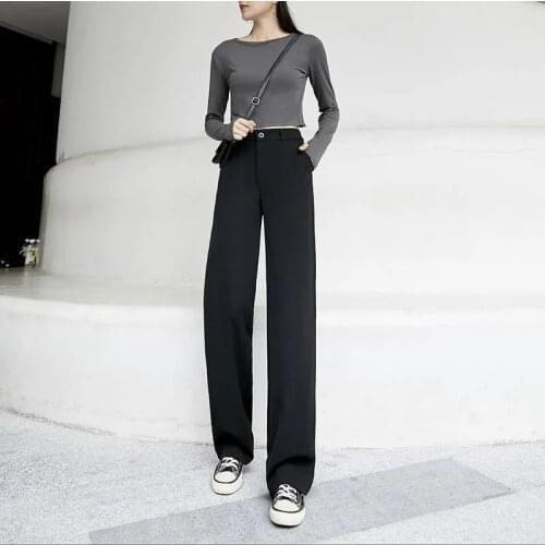 Women Suit Pants Office Lady Long Trousers 2021 New Summer Autumn Solid Loose High Waist Straight Female Pants