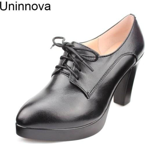 Womens Genuine Leather Super High Heels Platform Pointed Toe British Derby ShoesWax Shoeslace Court Shoes Uninnova WP091