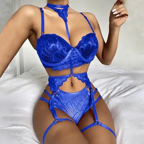 Women Sexy Garter Lingerie Set Sissy Femme Embroidery Push Up Bras G-string Sex Panties Temptation Erotic Bandage Underwear Red