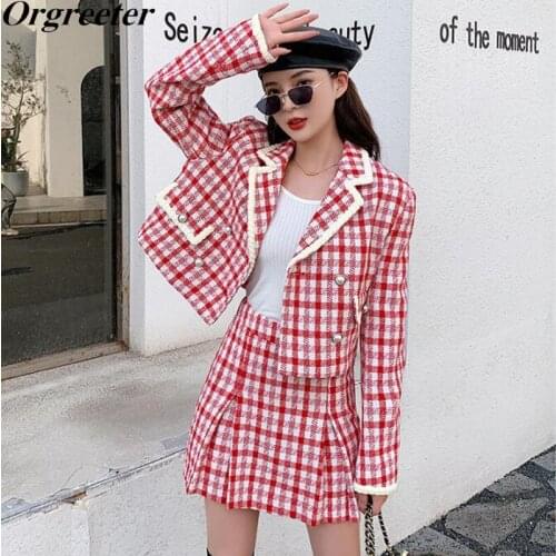 Autumn Vintage Plaid Tweed Two Piece Set Women Crop Top Woolen Short Jacket Coat + Mini Skirts Sets Sweet 2 Piece Student Suits
