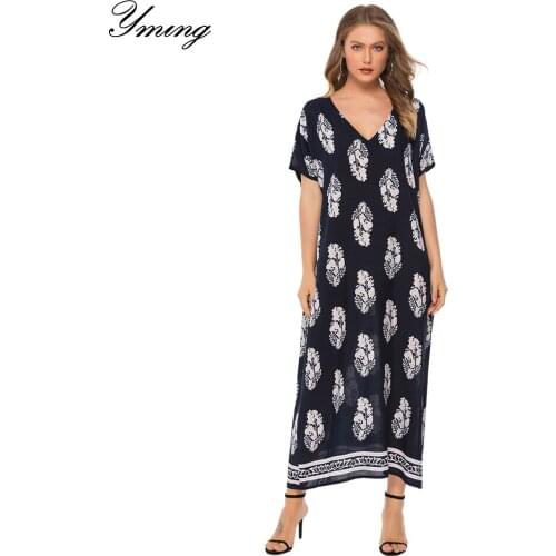 YMING Womens Summer Print Fashion Dresses Casual Floral Midi Dress V-Neck Short Sleeve Dress Work Out Commuting Ladies Vestidos