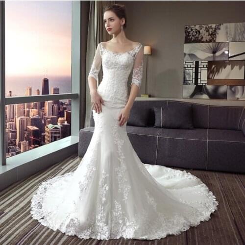 Gorgeous Boat Neck Half Sleeveless Sweep Train Lace-up Backless Mermaid Lace Wedding Dress Bride Gown Vestidos De Novia
