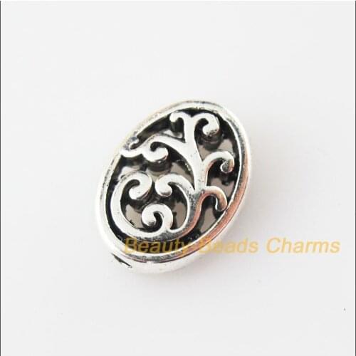 25Pcs Tibetan Silver Color Oval Flower Flat Spacer Beads Charms 9.5x12.5mm