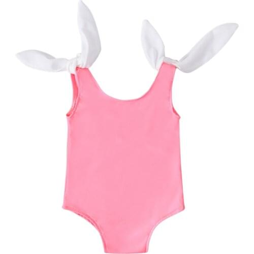 3 Colors Kids Summer Solid Color Swimsuits Girls U-Neck Sleeveless Swimwear with Bowknot for Summer 9 Months-4 Years