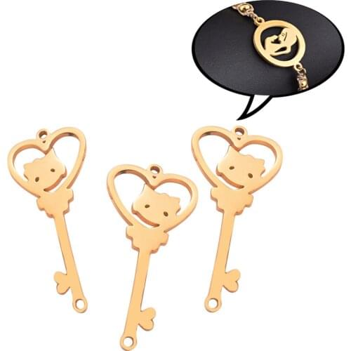 3pcs Stainless Steel Cute Cat Animal Key Shape tag For Necklace & Pendant DIY For Jewelry Making Findings Accessories