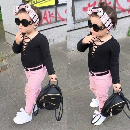 Spring Autumn baby v neck tee+ denim pants girls 2 pcs set kids suit children streetwear fashion cloth lacing ripped 1 to 6 yrs