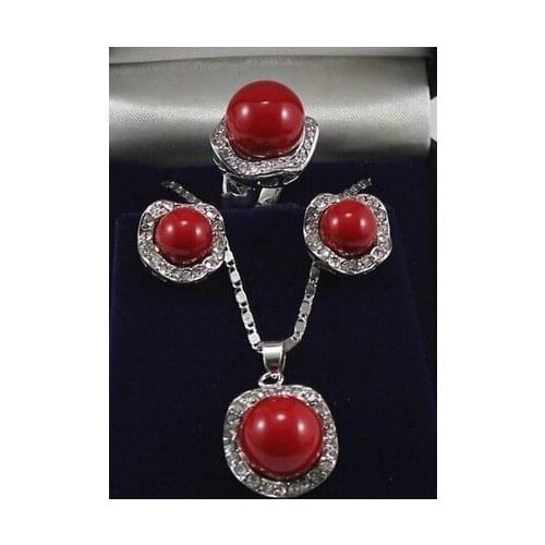 Beautiful Red shell pearl silver jewelry Pendant earrings Ring sets>jewelry Quartz Crystal Women Wedding