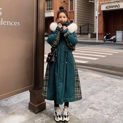 Winter Jacket Female Korean Loose Plus Velvet Duck Fashion Green Cotton Hooded Big Leather Lattice Stitching Long-term Knee Coat