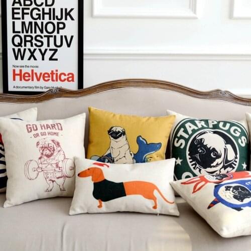 Cute Pug Family Cotton Linen Pillowcase Cartoon Pet Dog Cushion Decorative Pillow Cushions Home Decor Sofa Throw Pillows 45*45cm