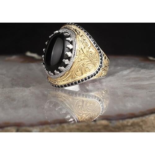 Onyx Stone Pen Processing Silver Men 'S Ring