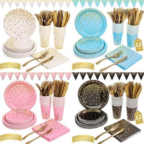 150pcs Disposable Tableware Set Dinnerware Party Supplies 25 Guests Dinner Plates for Wedding Birthday Anniversary Xmas Party