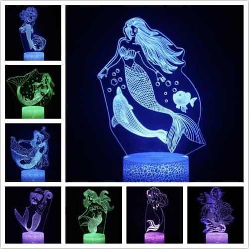 Disney Cartoon 3D Night Light Mermaid Princess Illusion 3D Lamp Color Changing Bedroom Decorative Table Lamp Child Kids Gifts