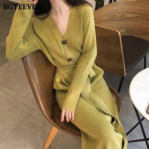 BGTEEVER V-neck Single-breasted Female Knitted Sweater Dress Elegant Full Sleeve Lace-up Women Midi Dress 2021 Autumn Winter