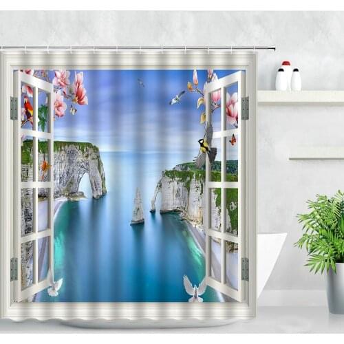 Window Ocean Landscape Shower Curtains Flowers Mountain Pattern Forest Waterfall Scenery Bathroom Curtain Modern Home Decor Set