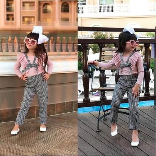 1-6Y Child Toddler Kids Girls Outfits Clothes Pink Long Sleeve Ruffle T shirt Solid Tops Plaid Pants Clothes Sets
