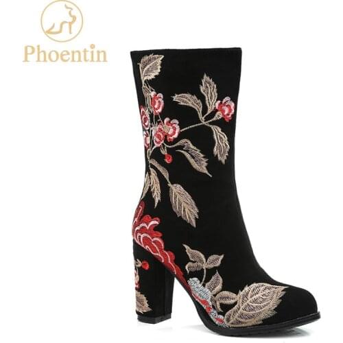 Phoentin ethnic floral embroidery boots calf high heels zipper closure black designer shoes women luxury 2019 new arrival FT807