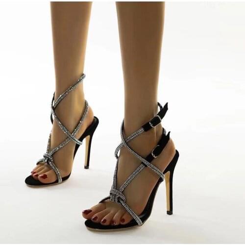 Sexy Pumps Women Shoes Cross Strappy Rhinestone Sandals Thin Heel Black Heels for Women Stiletto Heels Sandale Femme Luxe