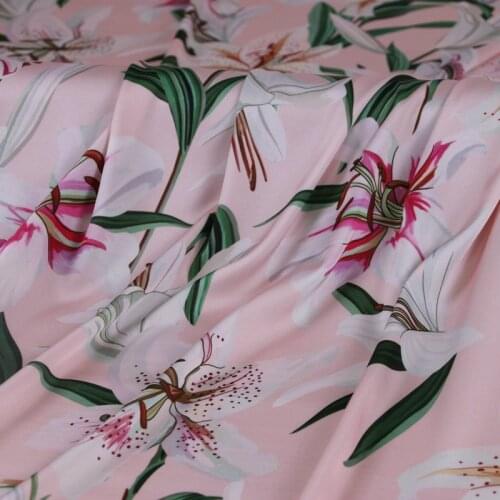 Pink lily flowers printed polyester soft silk satin fabric for dress tissu au metre DIY scarf cloth hair bands headband material
