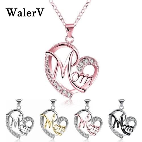 WalerV for Womens Romantic Necklace Pendant Set Letters MoM Love Heart Shape Rose Gold Send Mothers Day Best Birthday Gift