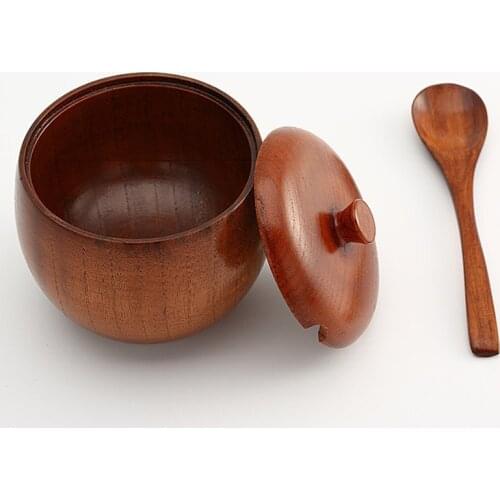Japanese Natural Wood Spice Jar Style Cans Seasoning Salt Storage Container with Lid Sugar Bowl Salt Spoon Kitchen Tools Gadgets