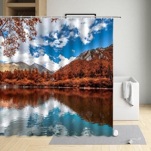 Mirror Lake Landscape Shower Curtain Reflection Modern Eco-Friendly Fabric Waterproof Cloth Bathtub Decor Bath Screen Washable