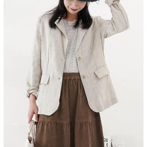 Johnature Autumn New Vintage Linen Women Jackets 2021 Turn-down Collar Loose Turn-down Collar 3 Colors Casual Coats