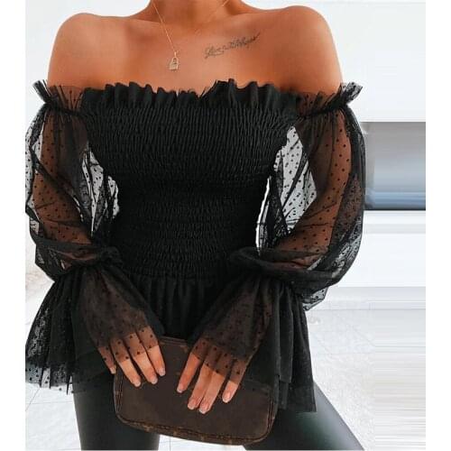 Sexy and sweet slim polka-dot off-shoulder short mesh long-sleeved 2021 ladies new spring and summer lantern sleeve top Blusas
