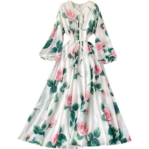Womens Elegant Summer Floral Dresses Flower Printed Puff Sleeve Chic Fairy Dress 2021 New Casual Streetwear Vestidos Mujer