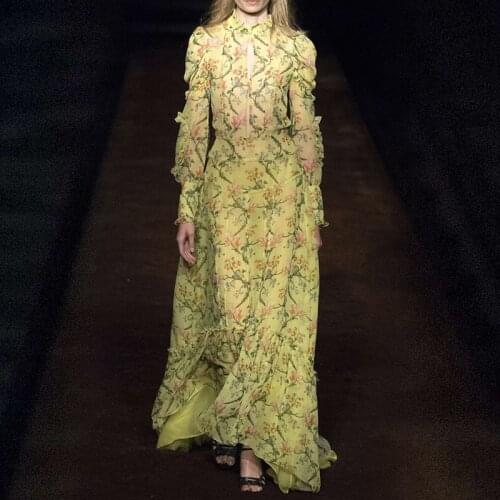 European High Quality Runway Dress Women 2021 Spring Autumn Vintage Long Sleeve Floral Printed Chiffon Maxi Dress Ruffles Robes