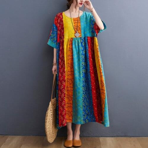 Rainbow stripes Patchwork Vintage Dress 2021 New Arrival Loose Summer Oversized Dress Holiday Travel Casual Women Beach Dress