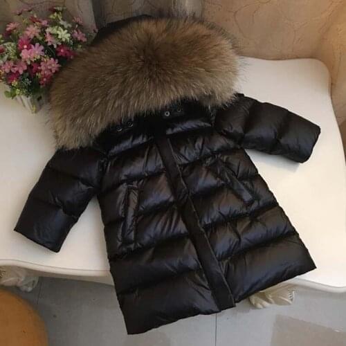 Winter Fur Hooded Boy Down Jacket Thick Warm Long Baby Girls Coats Outdoor Childrens Snowsuit Windproof Kids Parkas Clothes