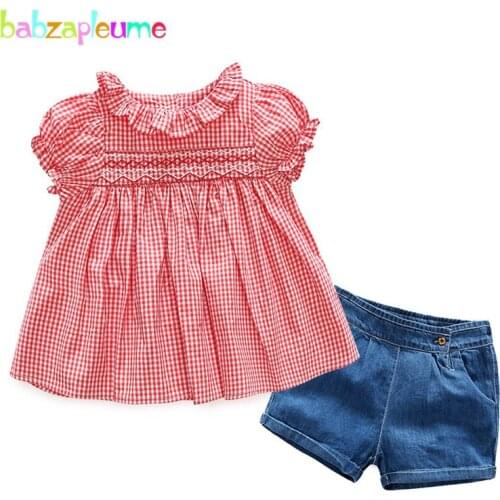 Babzapleume 2Piece/Summer baby girls clothes cute princess kids suits plaid t-shirt+denim shorts children clothing sets BC1386