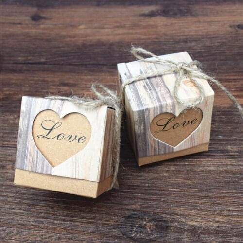 50pcs lovely Wedding Hearts in Love Rustic Kraft Imitation Bark Candy Box Burlap Chic Vintage Twine Wedding Favor Gift Boxes