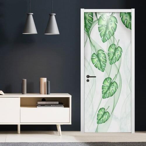 Abstract Lines Green Leaves Door Sticker PVC Self-adhesive Decorative Waterproof Wall Decals Living Room Bedroom Mural Wallpaper