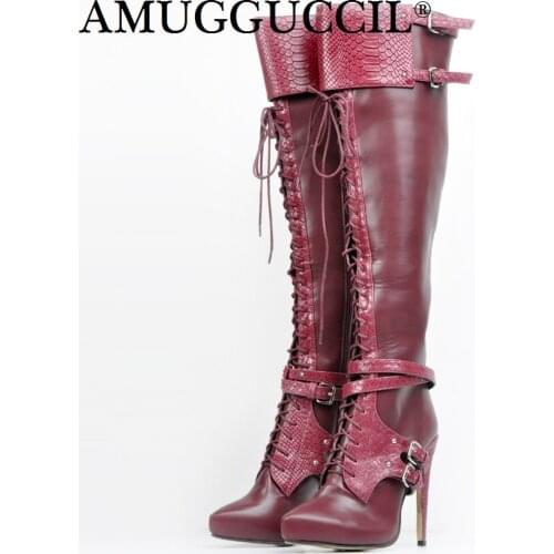 Customize Big Size 34-47 Wine-red Zip Lace Up Buckle Fashion Sexy Thigh High Heel Platform Over The Knee Winter Women Boot X1770