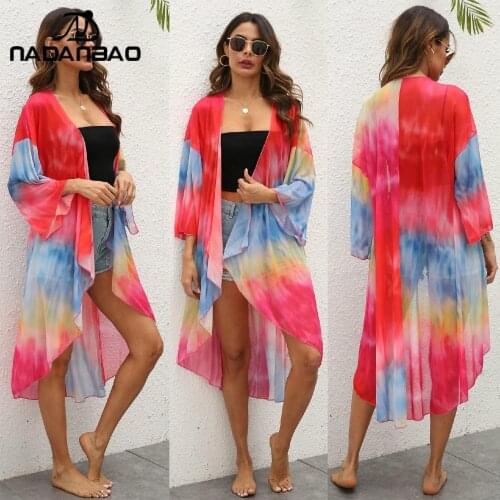 NADANBAO New Tie-Dye Printed Irregular Long Beach Veil Fashion Three-Quarter Sleeve Mesh Beach Tops Seaside Sunscreen Beachwear