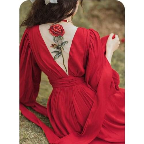 Red Long Sleeve Retro Holiday Maxi Dress Summer Square Neck Elegant Flower Chic Mesh Rose Embroidered Retro Dress