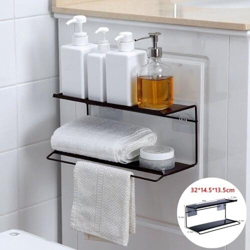 1Pc Creative Wall-mounted 2 Layer Storage Rack Kitchen Bathroom Iron Shelf with Towel Bar
