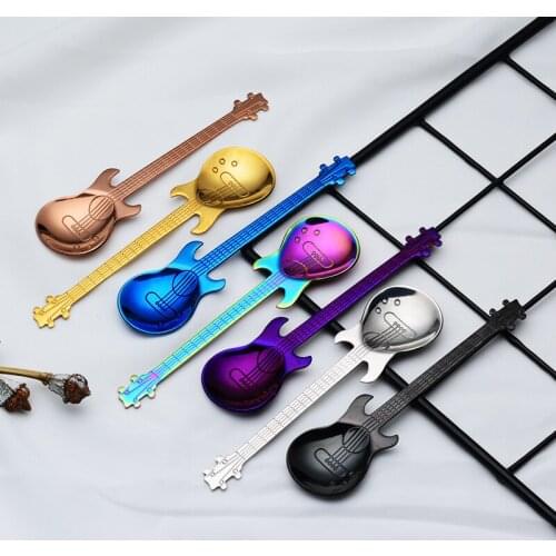 Stainless Steel Spoon Coffee Guitar Shape Music Theme Tea Stirring Spoon Small Ice Cream Dessert Scoop Creative Flatware Gifts