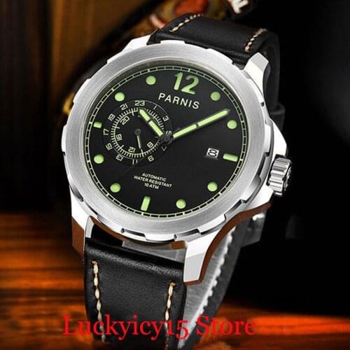 PARNIS Brand Mens Watch 44mm Black Dial Auto Date Green Marks Sapphire Glass Automatic Movement