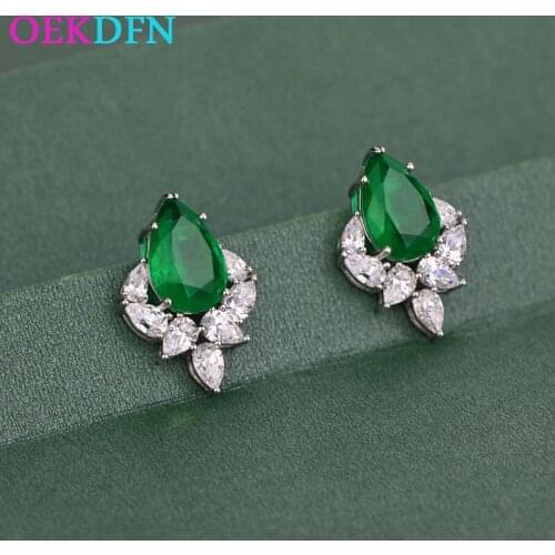 OEKDFN 100% 925 Sterling Silver Stud Earrings Pear Cut Emerald Created Moissanite Gemstone Wedding Vintage Studs Fine Jewelry