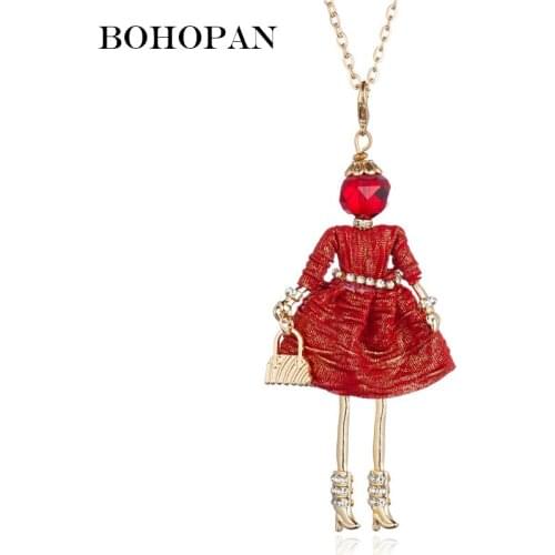 Crystal Figure Doll Pendant Necklace Cotton Dress Handbag Necklace Women Girl Gold Long Sweater Chain Fashion Jewelry Accessory
