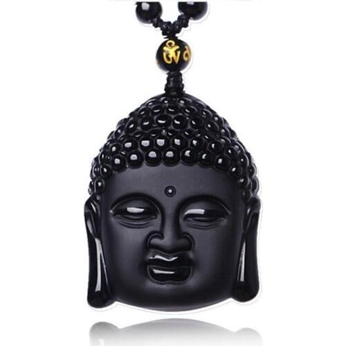 Drop Shipping Natural Black Obsidian Carved Buddha Head Lucky Amulet Pendant Necklace Women Men pendants Jewelry Healing Gift