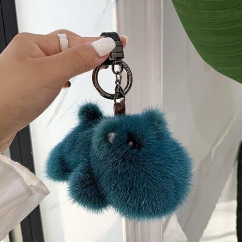 Luxury 14cm Real Mink Fur Keychain Cute Little hippo Keyrings Gift Womens Bag Charm Car Pendant Key Metal High Quality Ring