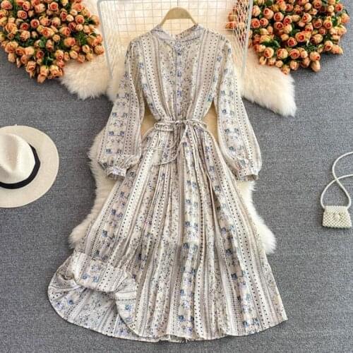Stand collar Floral Chiffon Dress Women Autumn Vintage Long Sleeve High Waist A-Line Party Pleated Dress Elegant Long Dresses