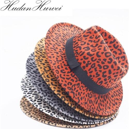British Style Women Men Leopard Pattern Jazz Hat Flat Brim Artificial Wool Felt Fedora Hats with Black Ribbon Cowboy Trilby Cap