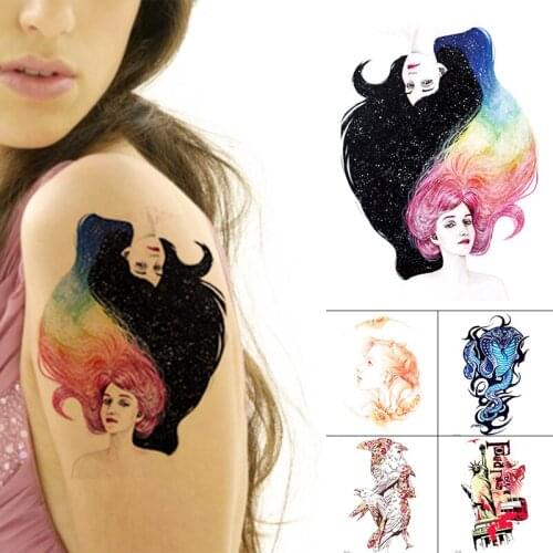 Waterproof Temporary Tattoo Sticker Old School Rainbow Hair Girl Flower Pattern Cobra Water Transfer Body Art Flash Fake Tatoo